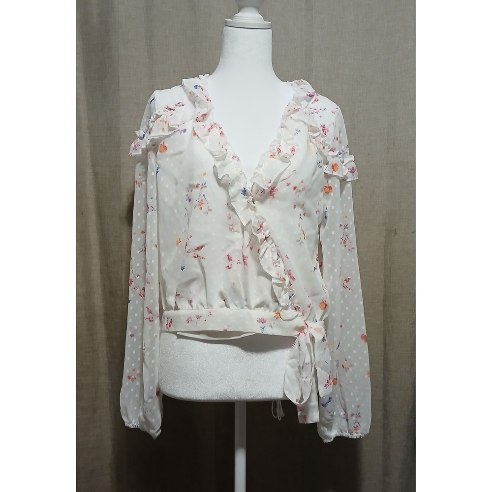 Aqua Women White Floral‎ Clip Dot Ruffle Wrap Blouse Long Sleeve Side Tie Medium